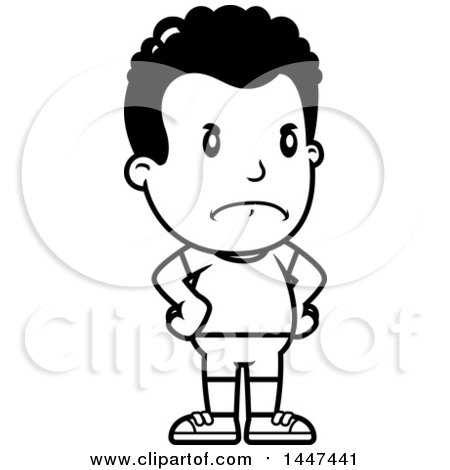 Clipart of a Retro Black and White Angry African American Boy in Shorts, with Hands on His Hips - Royalty Free Vector Illustration by Cory Thoman