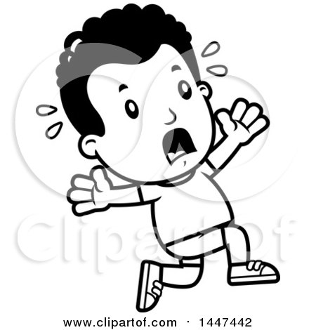 Clipart of a Retro Black and White African American Boy in Shorts Running Scared - Royalty Free Vector Illustration by Cory Thoman