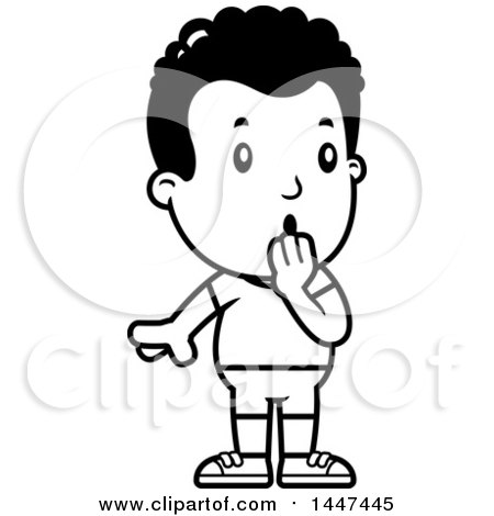 Clipart of a Retro Black and White Surprised Gasping African American Boy in Shorts - Royalty Free Vector Illustration by Cory Thoman