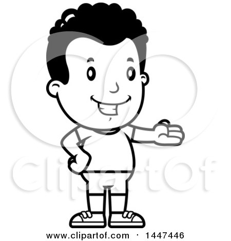Clipart of a Retro Black and White Presenting African American Boy in Shorts - Royalty Free Vector Illustration by Cory Thoman