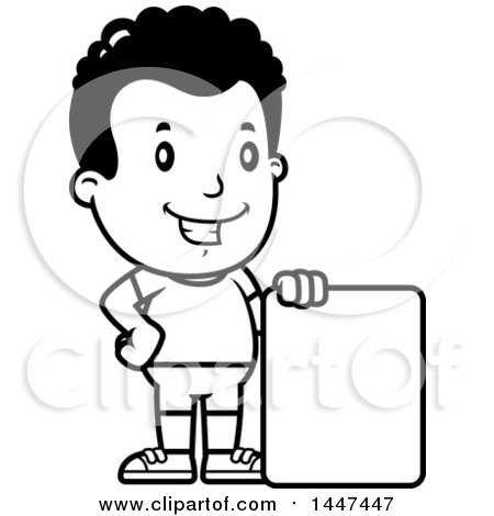 Clipart of a Retro Black and White African American Boy in Shorts, with a Blank Sign - Royalty Free Vector Illustration by Cory Thoman