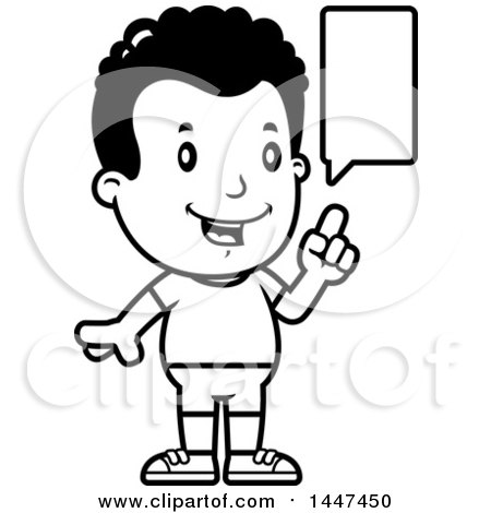 Clipart of a Retro Black and White Talking African American Boy in Shorts - Royalty Free Vector Illustration by Cory Thoman