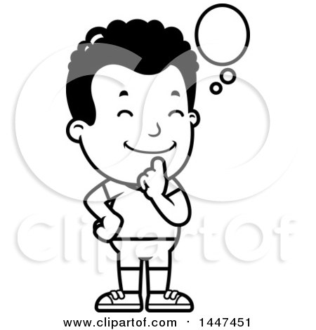 Clipart of a Retro Black and White Thinking African American Boy in Shorts - Royalty Free Vector Illustration by Cory Thoman