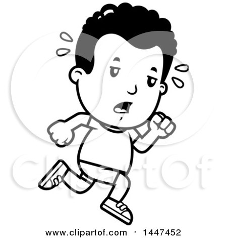 Clipart of a Retro Black and White Tired African American Boy Running in Shorts - Royalty Free Vector Illustration by Cory Thoman