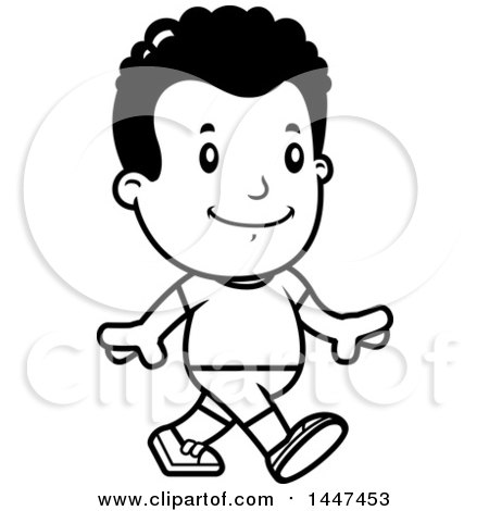 Clipart of a Retro Black and White African American Boy Walking in Shorts - Royalty Free Vector Illustration by Cory Thoman