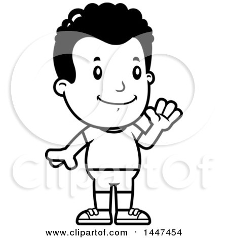 Clipart of a Retro Black and White Waving African American Boy in Shorts - Royalty Free Vector Illustration by Cory Thoman