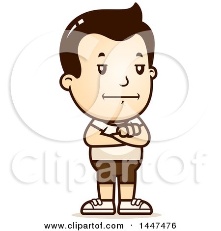 Clipart of a Retro Bored or Stubborn White Boy in Shorts, Standing with Folded Arms - Royalty Free Vector Illustration by Cory Thoman