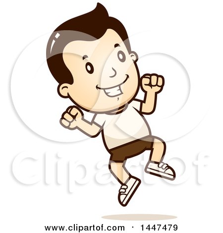 Clipart of a Retro White Boy Jumping in Shorts - Royalty Free Vector Illustration by Cory Thoman