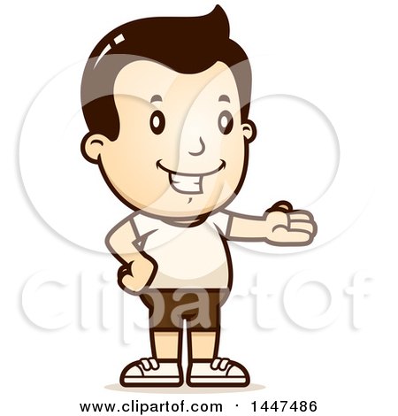 Clipart of a Retro Presenting White Boy in Shorts - Royalty Free Vector Illustration by Cory Thoman
