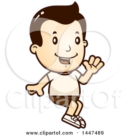 Clipart of a Retro White Boy Sitting and Waving in Shorts - Royalty Free Vector Illustration by Cory Thoman