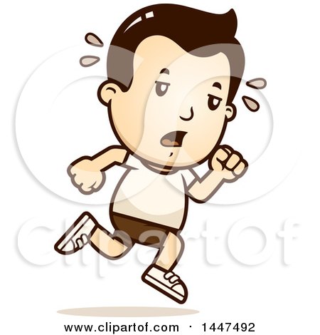 Clipart of a Retro Tired White Boy Running in Shorts - Royalty Free Vector Illustration by Cory Thoman