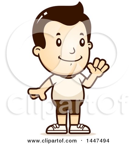 Clipart of a Retro Waving White Boy in Shorts - Royalty Free Vector Illustration by Cory Thoman
