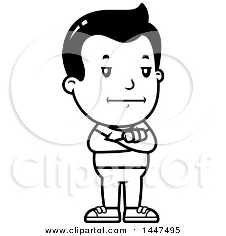 Clipart of a Retro Black and White Bored or Stubborn Boy Standing with Folded Arms - Royalty Free Vector Illustration by Cory Thoman
