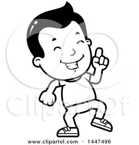 Clipart of a Retro Black and White Boy Doing a Happy Dance - Royalty Free Vector Illustration by Cory Thoman