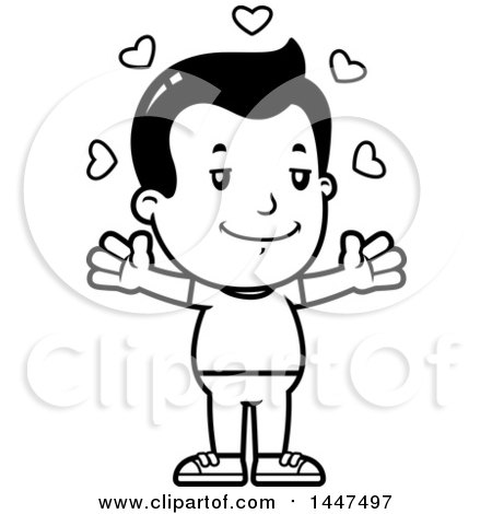Clipart of a Retro Black and White Boy with Open Arms and Love Hearts - Royalty Free Vector Illustration by Cory Thoman