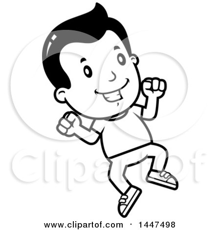 Clipart of a Retro Black and White Boy Jumping - Royalty Free Vector Illustration by Cory Thoman