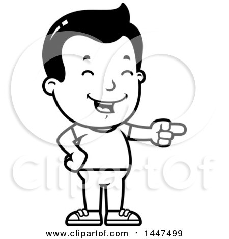 Clipart of a Retro Black and White Boy Laughing and Pointing - Royalty Free Vector Illustration by Cory Thoman