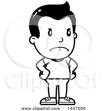 Clipart of a Retro Black and White Angry Boy with Hands on His Hips - Royalty Free Vector Illustration by Cory Thoman