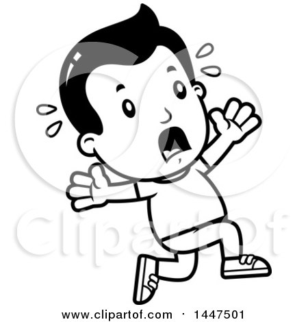 Clipart of a Retro Black and White Boy Running Scared - Royalty Free Vector Illustration by Cory Thoman