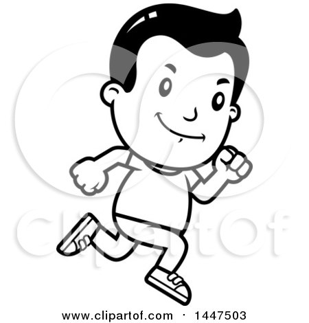 Clipart of a Retro Black and White Boy Running - Royalty Free Vector Illustration by Cory Thoman