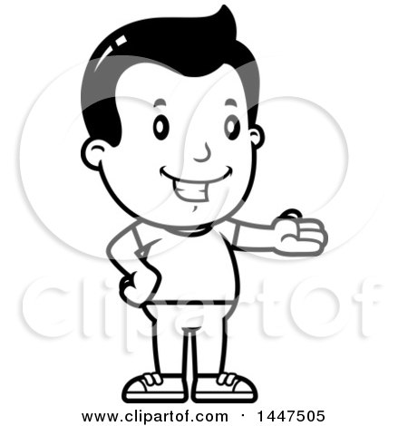 Clipart of a Retro Black and White Boy Presenting - Royalty Free Vector Illustration by Cory Thoman