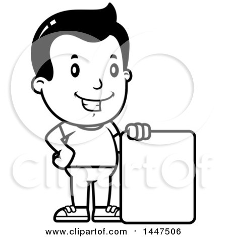 Clipart of a Retro Black and White Boy with a Blank Sign - Royalty Free Vector Illustration by Cory Thoman