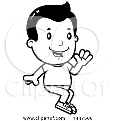 Clipart of a Retro Black and White Boy Sitting and Waving - Royalty Free Vector Illustration by Cory Thoman