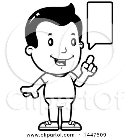 Clipart of a Retro Black and White Boy Talking - Royalty Free Vector Illustration by Cory Thoman