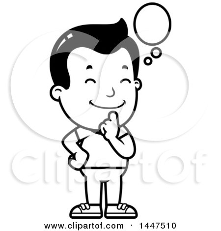 Clipart of a Retro Black and White Boy Thinking - Royalty Free Vector Illustration by Cory Thoman