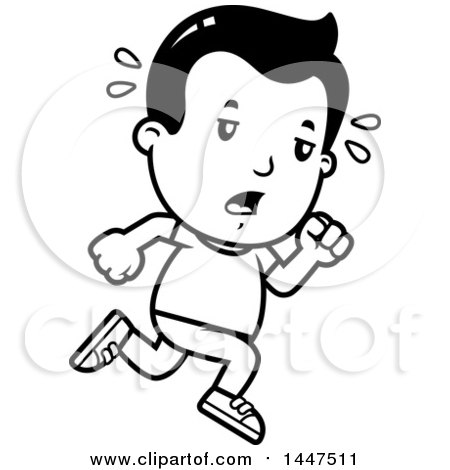 Clipart of a Retro Black and White Tired Boy Running - Royalty Free Vector Illustration by Cory Thoman