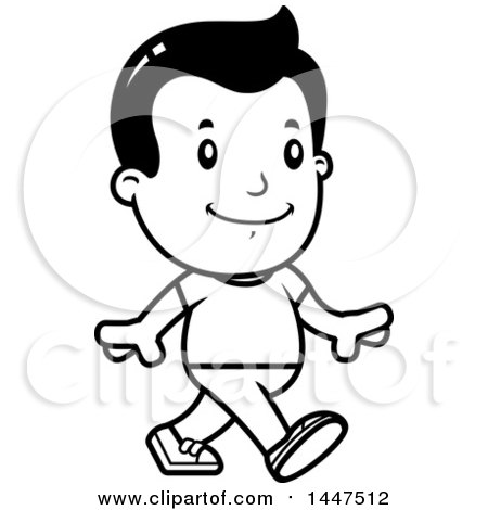 Clipart of a Retro Black and White Boy Walking - Royalty Free Vector Illustration by Cory Thoman