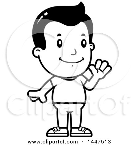 Clipart of a Retro Black and White Boy Waving - Royalty Free Vector Illustration by Cory Thoman