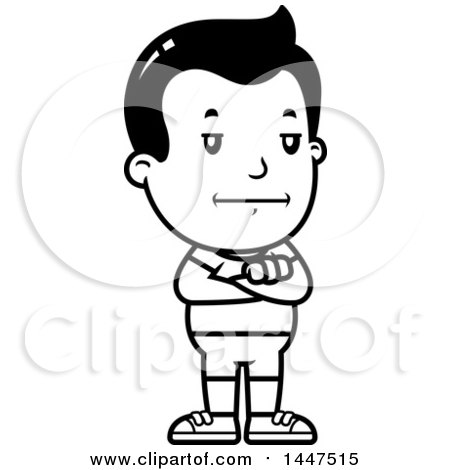 Clipart of a Retro Black and White Bored or Stubborn Boy in Shorts, Standing with Folded Arms - Royalty Free Vector Illustration by Cory Thoman