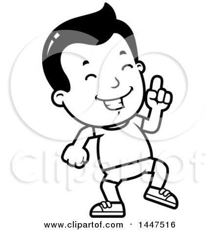 Clipart of a Retro Black and White Boy in Shorts, Doing a Happy Dance - Royalty Free Vector Illustration by Cory Thoman