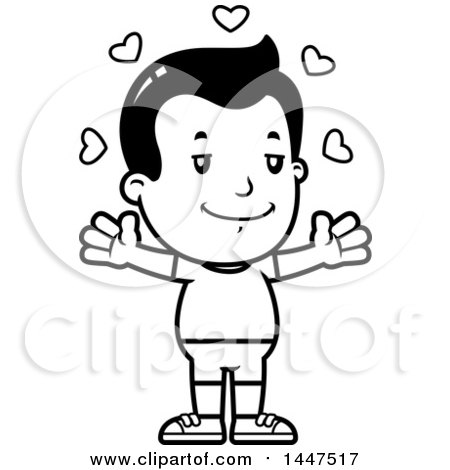 Clipart of a Retro Black and White Boy in Shorts with Open Arms and Love Hearts - Royalty Free Vector Illustration by Cory Thoman