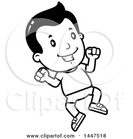 Clipart of a Retro Black and White Boy Jumping in Shorts - Royalty Free Vector Illustration by Cory Thoman