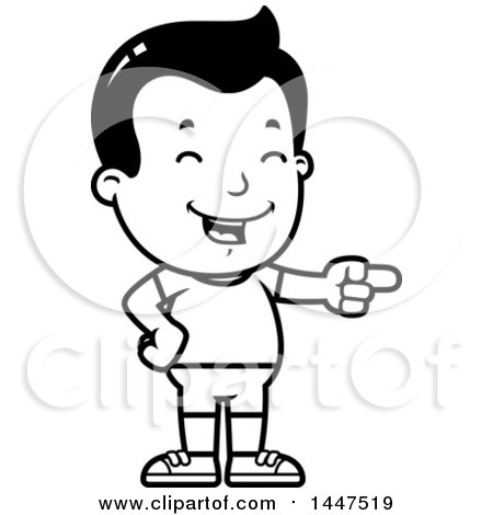 Clipart of a Retro Black and White Boy in Shorts, Laughing and Pointing - Royalty Free Vector Illustration by Cory Thoman