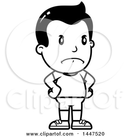 Clipart of a Retro Black and White Angry Boy in Shorts, with Hands on His Hips - Royalty Free Vector Illustration by Cory Thoman