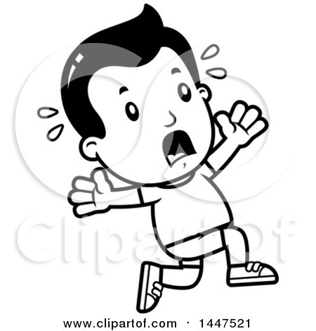 Clipart of a Retro Black and White Boy in Shorts, Running Scared - Royalty Free Vector Illustration by Cory Thoman