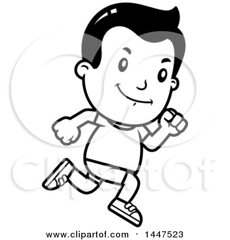 Clipart of a Retro Black and White Boy Running in Shorts - Royalty Free Vector Illustration by Cory Thoman