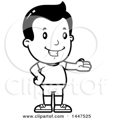 Clipart of a Retro Black and White Presenting Boy in Shorts - Royalty Free Vector Illustration by Cory Thoman