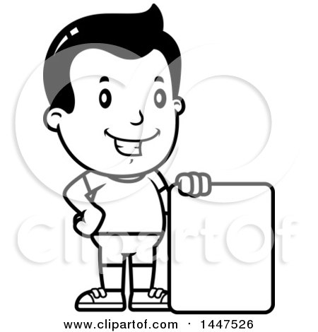 Clipart of a Retro Black and White Boy in Shorts, with a Blank Sign - Royalty Free Vector Illustration by Cory Thoman