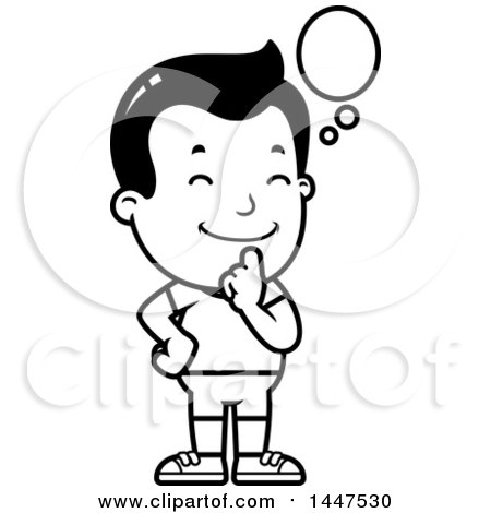 Clipart of a Retro Black and White Thinking Boy in Shorts - Royalty Free Vector Illustration by Cory Thoman