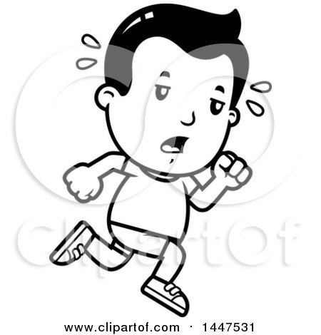 Clipart of a Retro Black and White Tired Boy Running in Shorts - Royalty Free Vector Illustration by Cory Thoman