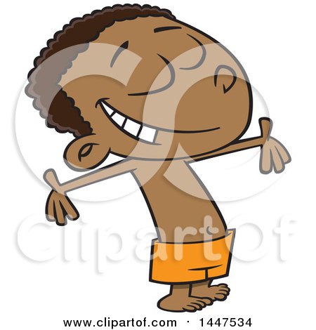Clipart of a Cartoon Happy African American Boy in Swim Trunks, Soaking in the Summer Sunshine - Royalty Free Vector Illustration by toonaday