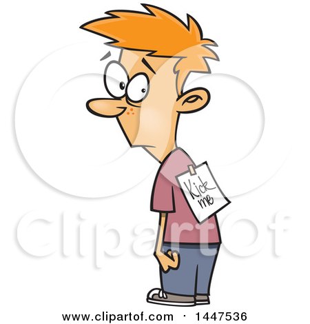 Clipart of a Cartoon Bullied Red Haired Caucasian Boy with a Kick Me Sign on His Back - Royalty Free Vector Illustration by toonaday