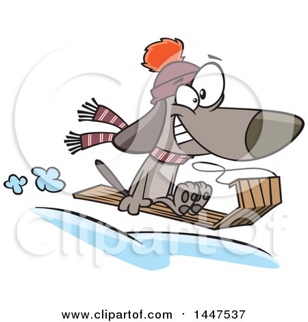 Clipart of a Cartoon Dog Grinning and Catching Air While Sledding - Royalty Free Vector Illustration by toonaday