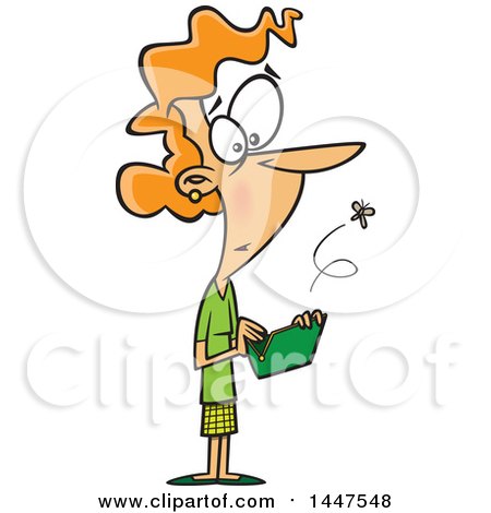 Clipart of a Cartoon Broke Caucasian Woman Opening an Empty Wallet, with a Fly Escaping - Royalty Free Vector Illustration by toonaday