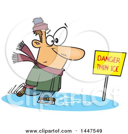 Clipart of a Cartoon Caucasian Man Skating on Thin Ice - Royalty Free Vector Illustration by toonaday