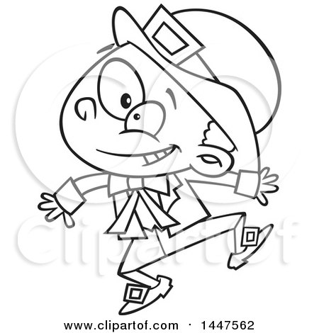 Clipart of a Cartoon Black and White Lineart Energetic St Patricks Day Leprechaun Boy Jumping - Royalty Free Vector Illustration by toonaday